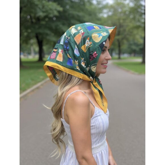 Women Green Cats Headscarf Satin Bandana Pattern Polyester Breathable Scarves - Picture 5 of 7